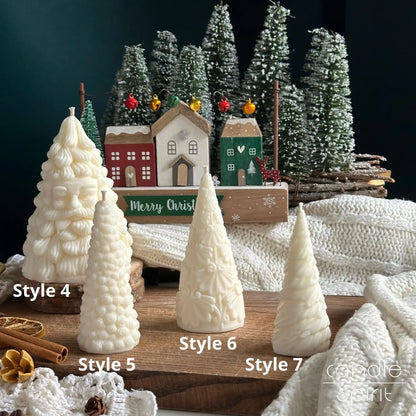 Unique white Christmas tree candles - scented Christmas gifts, winter baby shower favours. Perfect for decorating Christmas table, office desk, mantel, or bookshelf.