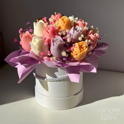 Large bouquet of colourful tulip candles in a white flower box - luxury Mother's Day gift, spring birthday gift for her, wax anniversary gift for a wife.
