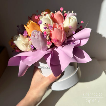 Large bouquet of colourful tulip candles in a white flower box - housewarming gift, seasonal gift for holiday hosts and hostesses.
