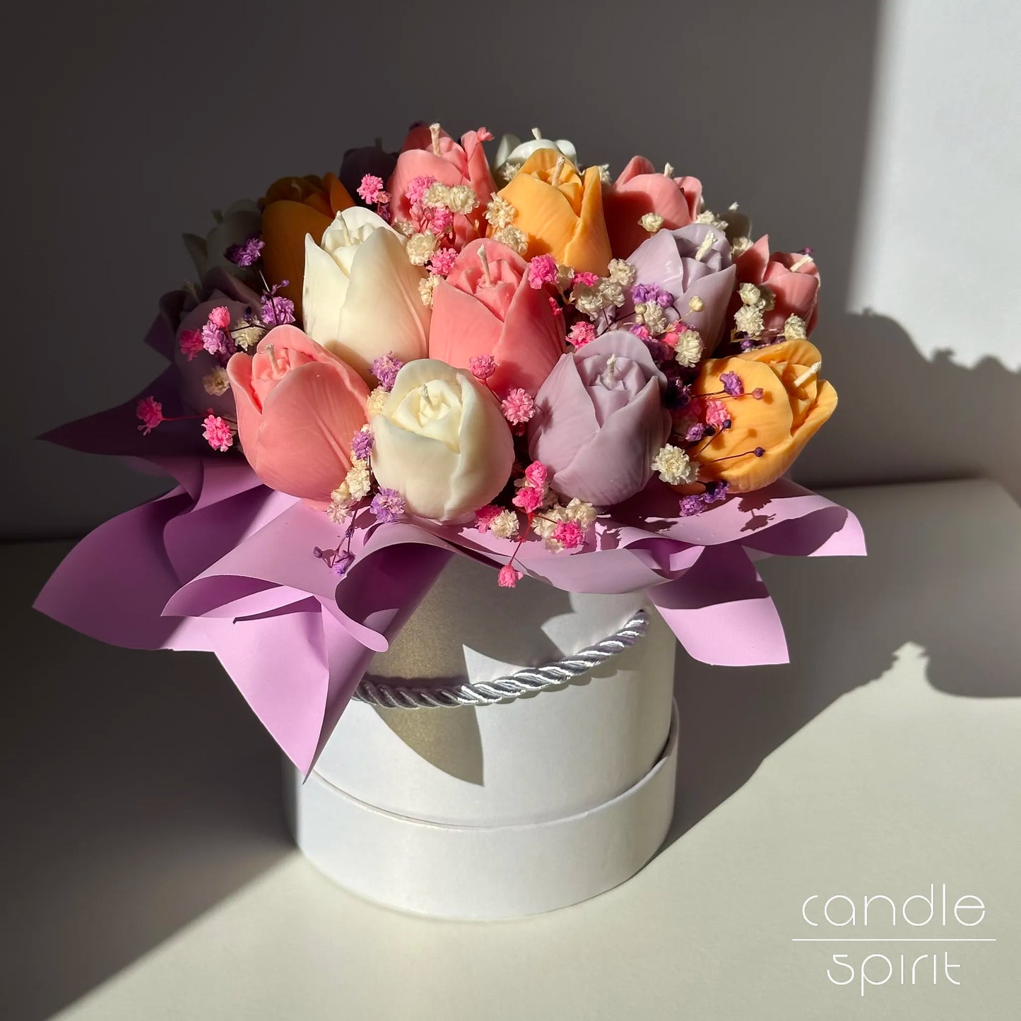 Large bouquet of colourful tulip candles in a white flower box - romantic Mother's Day and Valentine's Day gift for a wife, partner, girlfriend.