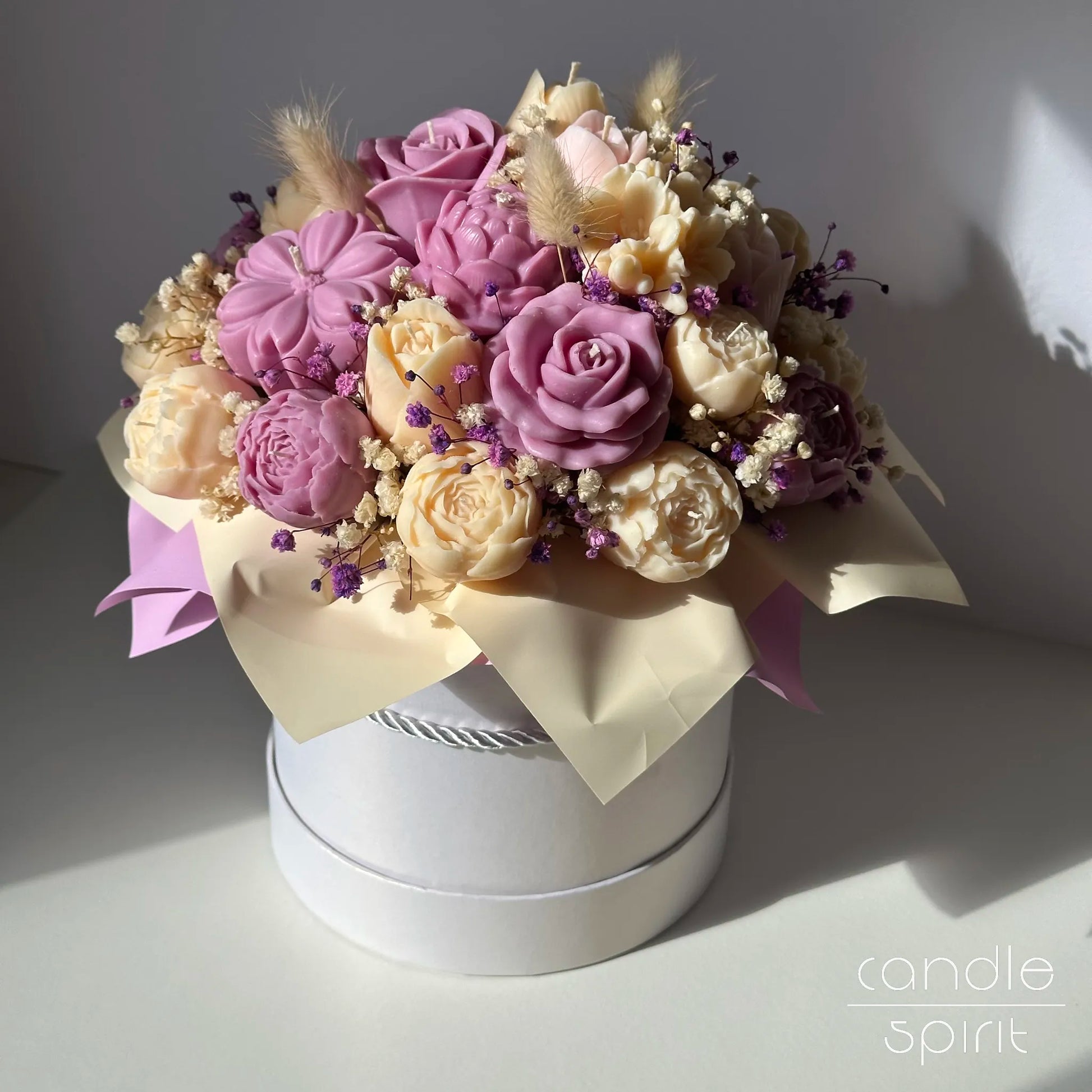 Large cream, pink, and purple flower bouquet of candles - sweet 16 birthday gift, name day present, lasting housewarming present, Mother's Day gift.