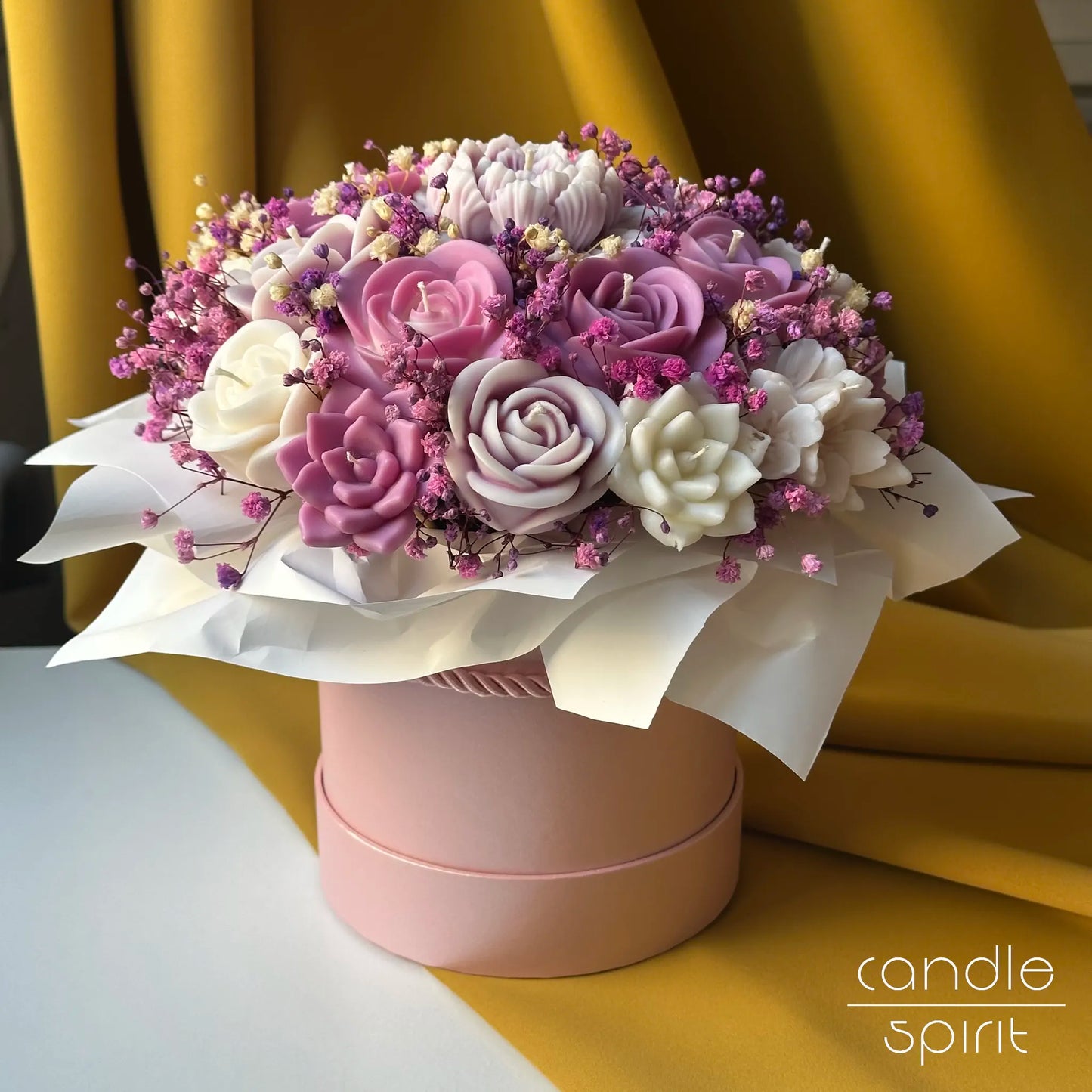 Large bouquet of candles with pink, purple, and white flowers in a pink flower box - luxury birthday gift for a mom, wife, granny, friend.