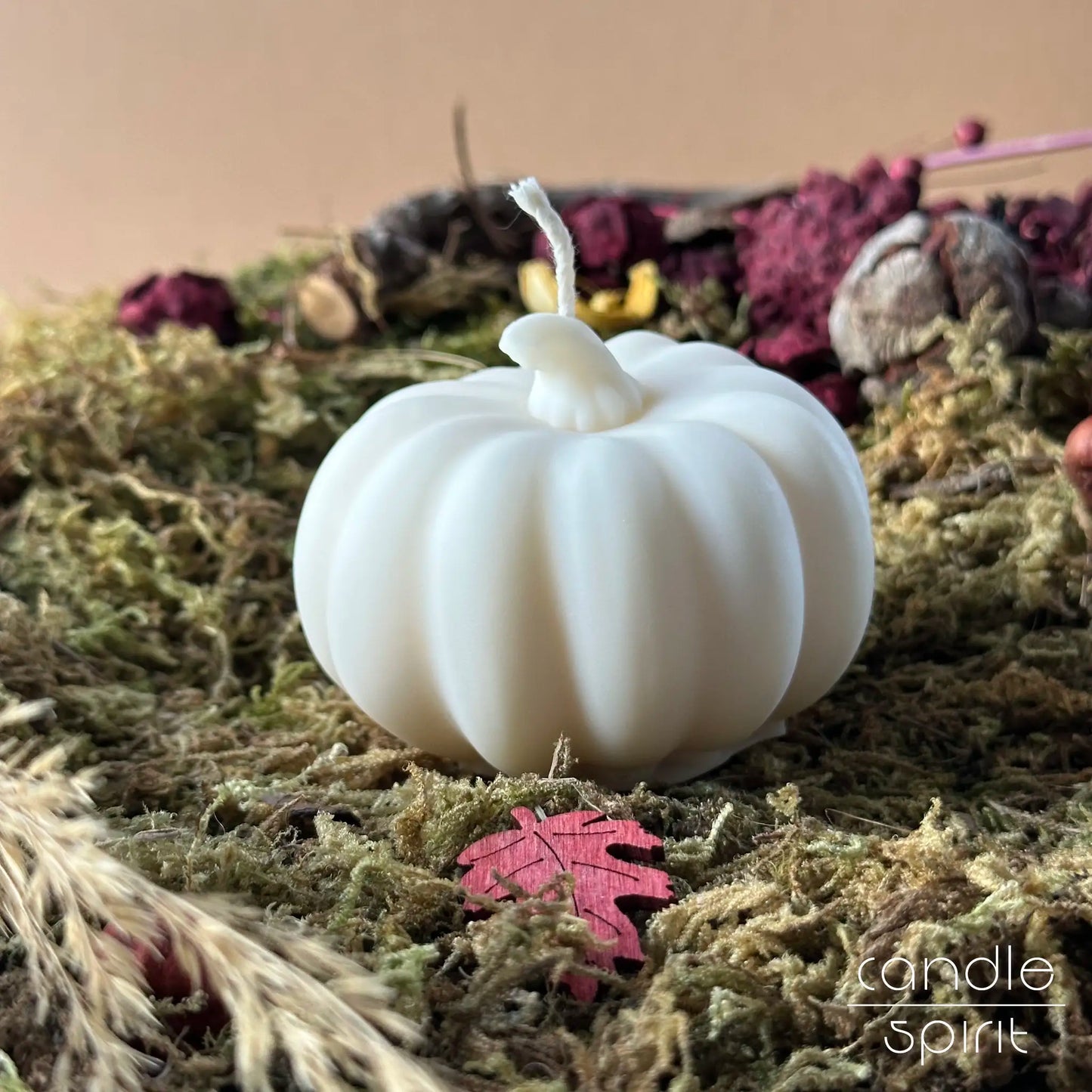 Scented large white pumpkin candle on a bed of moss - great idea for fall birthdays, housewarmings, or hostess gifts.
