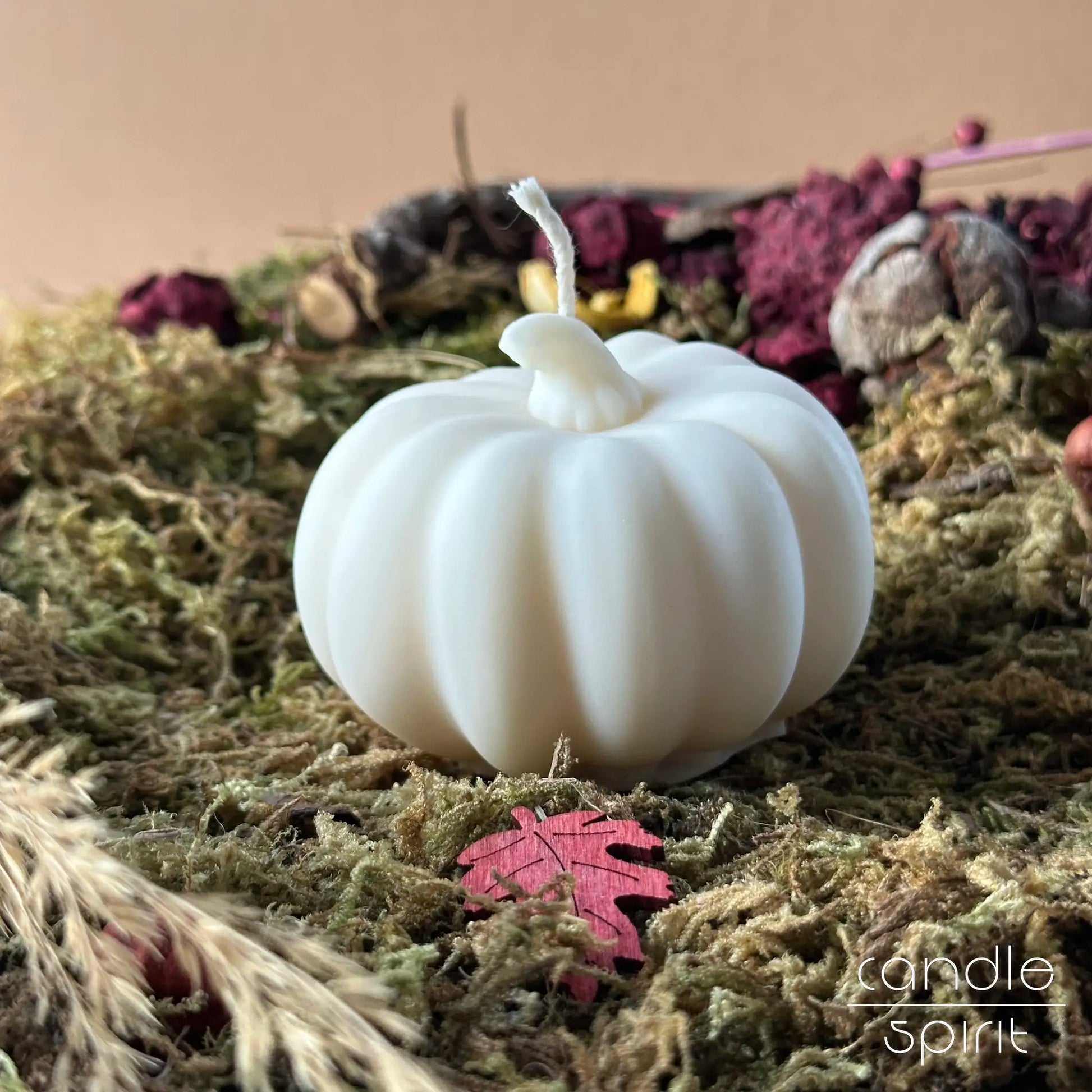 Scented large white pumpkin candle on a bed of moss - great idea for fall birthdays, housewarmings, or hostess gifts.