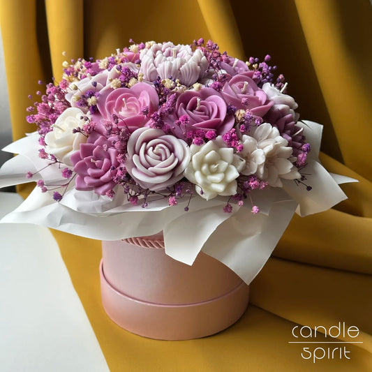 Bouquet of lavender and white flower candles in a pink flower box - Mother's Day gift for a mom