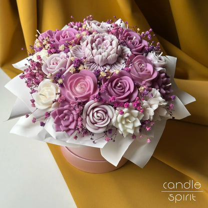 Candle bouquet of lavender and white flowers in a pink flower box - romantic Valentine's Day gift for a wife