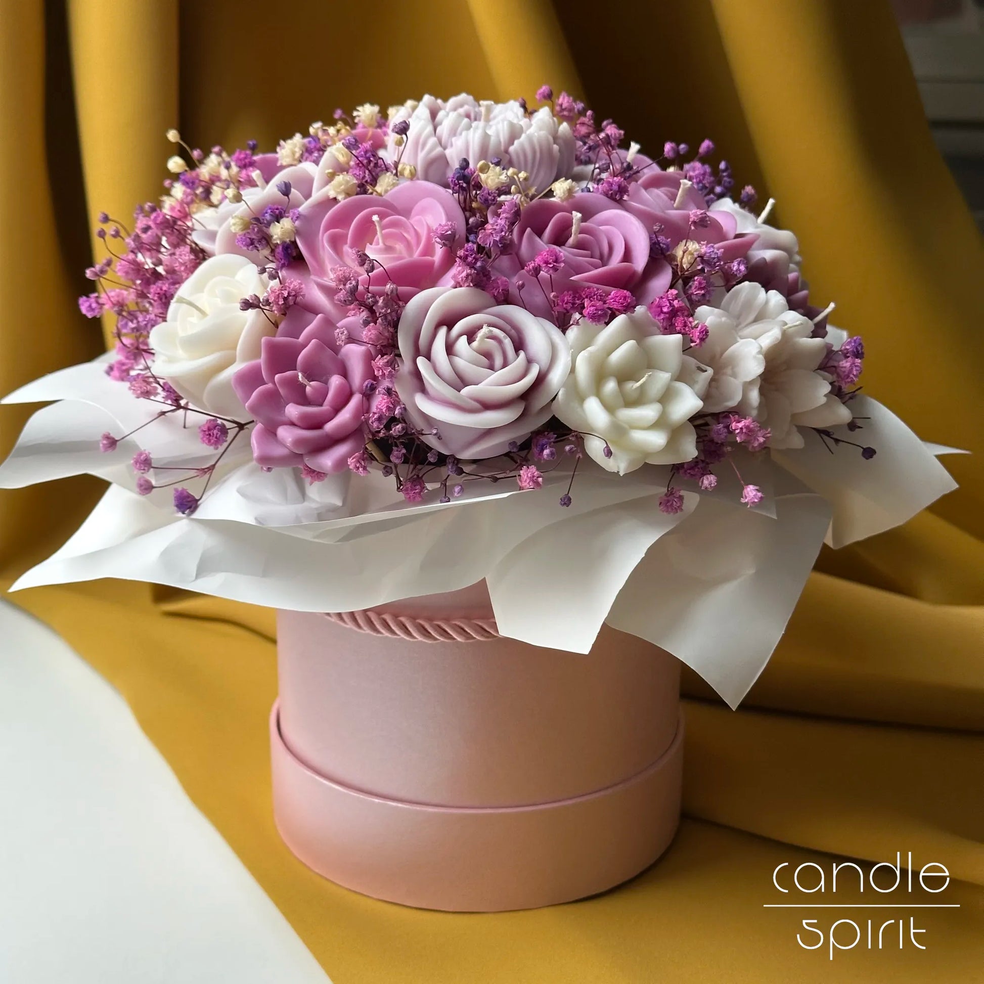 Large candle bouquet of pink, lavender, and white flowers in a pink flower box - unique wedding gift. Corporate gift for a clients, employees, partners.