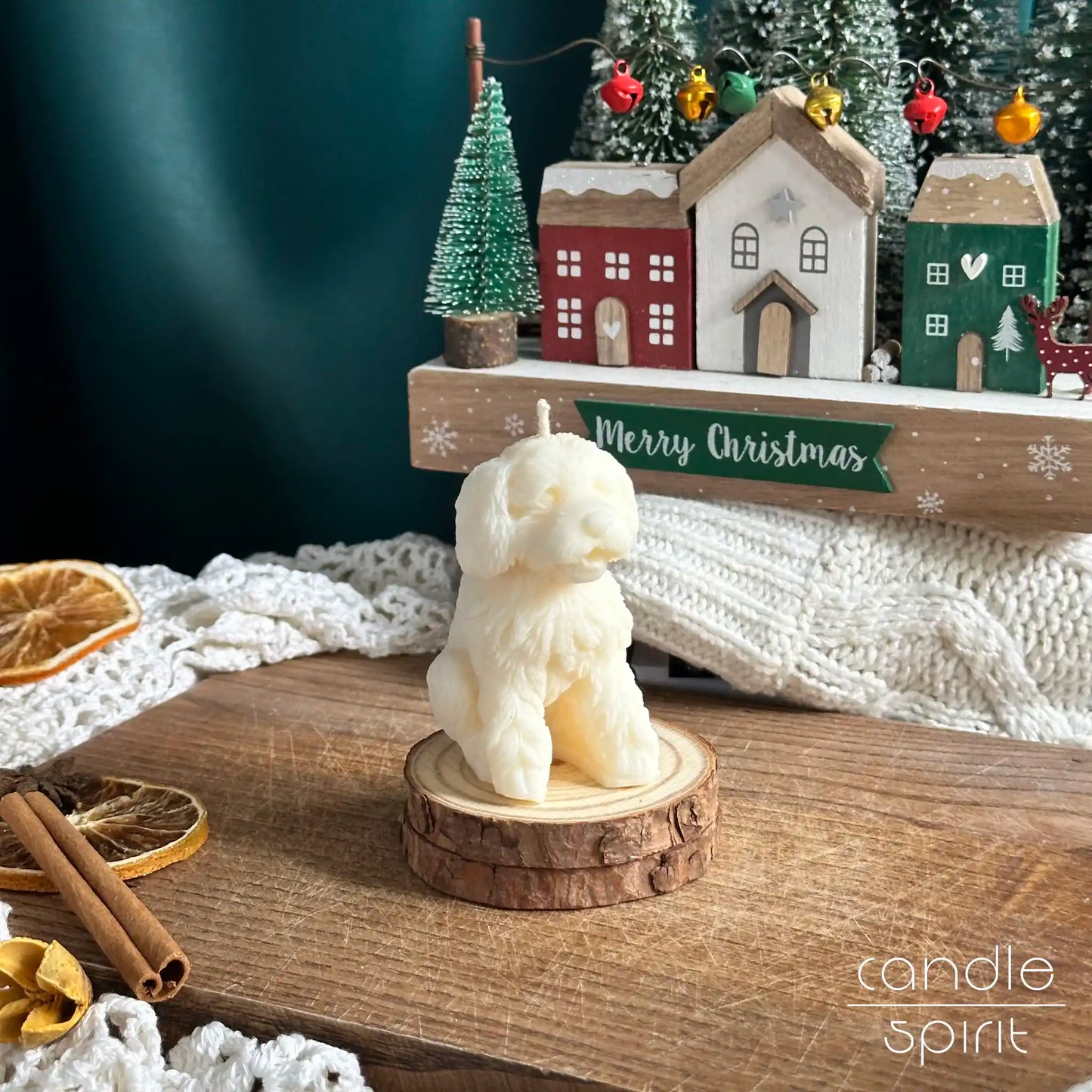 White maltipoo dog candle made from soy wax - cute Christmas gift for dog dads, dog moms, pet owners, and dog lovers. 