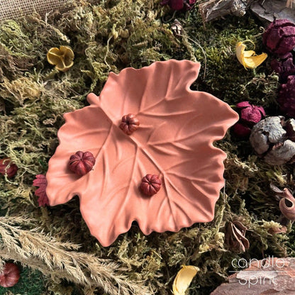 Terracotta maple leaf trinket tray - autumn present and a charming accent for seasonal decor, fall weddings, Thanksgiving tablescapes, Halloween parties, and fall gatherings. 