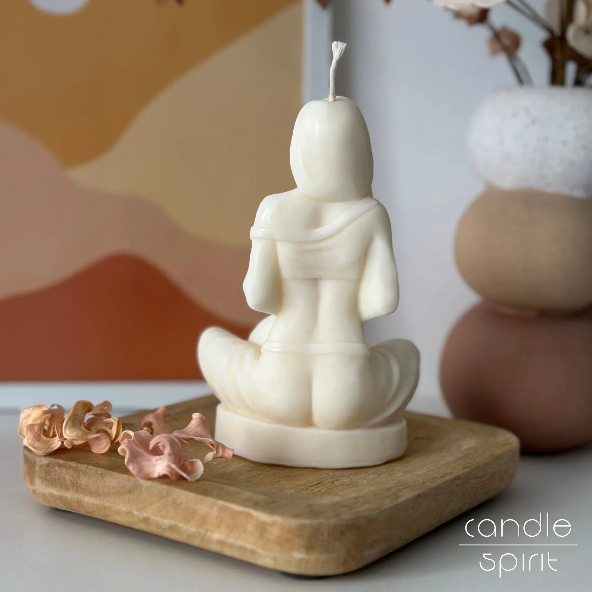 Large meditating woman body candle - ideal for yoga studios, meditation spaces, spas, beauty salons, massage rooms, living rooms or bedrooms. 