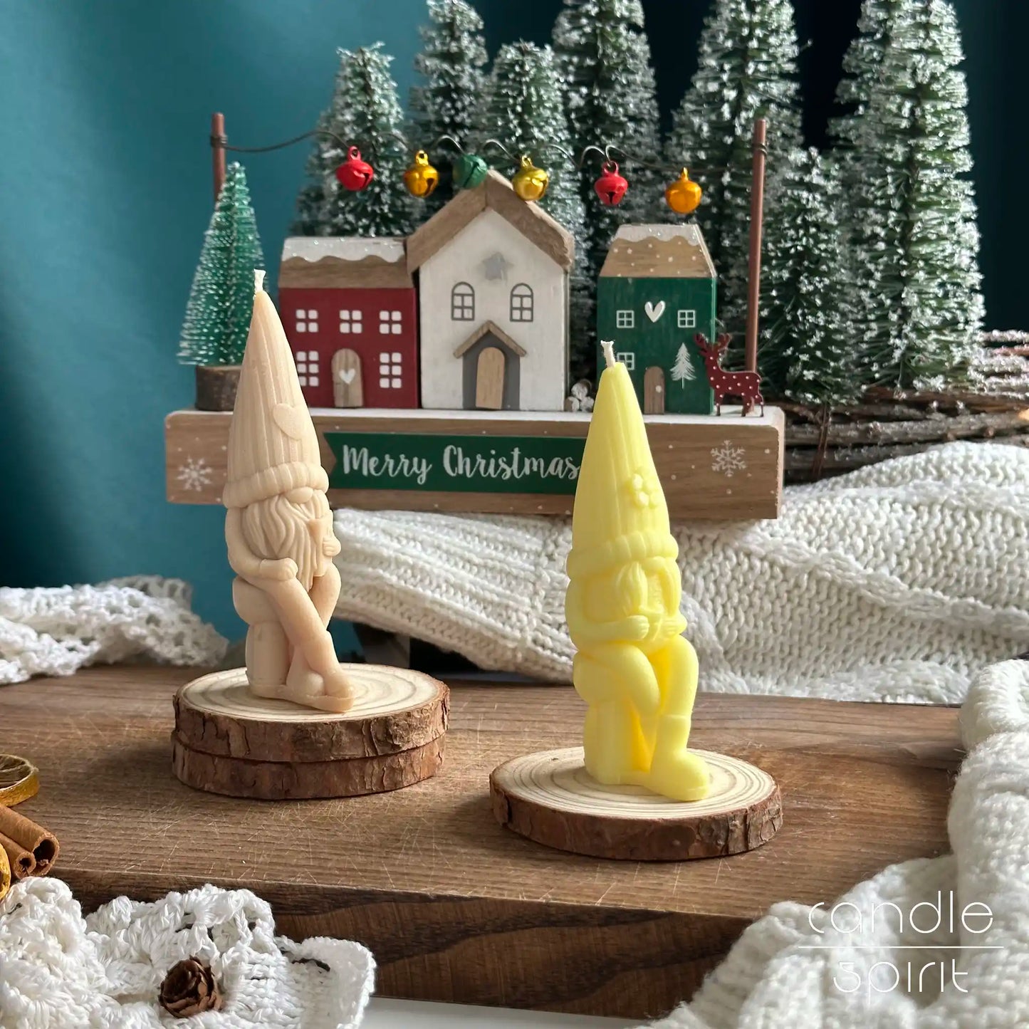 Two mini gnome candles with Christmas decor - Secret Santa gift, white elephant exchange presents for coworkers, friends, sisters, brothers, mothers, fathers.