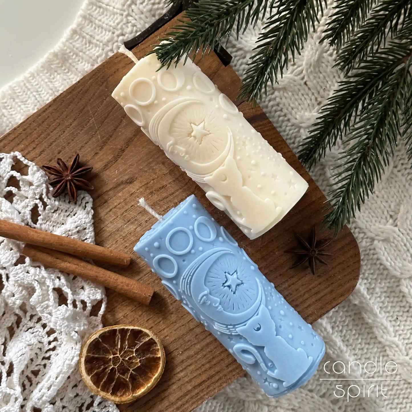 Two scented pillar candles with a moon cat, one blue, one white - birthday present  and Christmas gift for cat lovers, astrology fans, tarot readers.