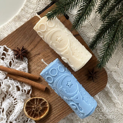 Two scented pillar candles with a moon cat, one blue, one white - birthday present  and Christmas gift for cat lovers, astrology fans, tarot readers.