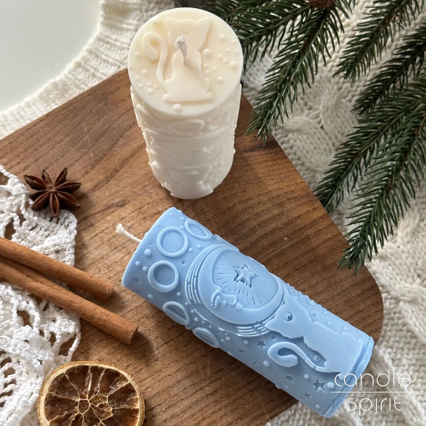 Two scented pillar candles with a moon cat, one blue, one white - witchy home decor, scented meditation candle, and holiday decor.
