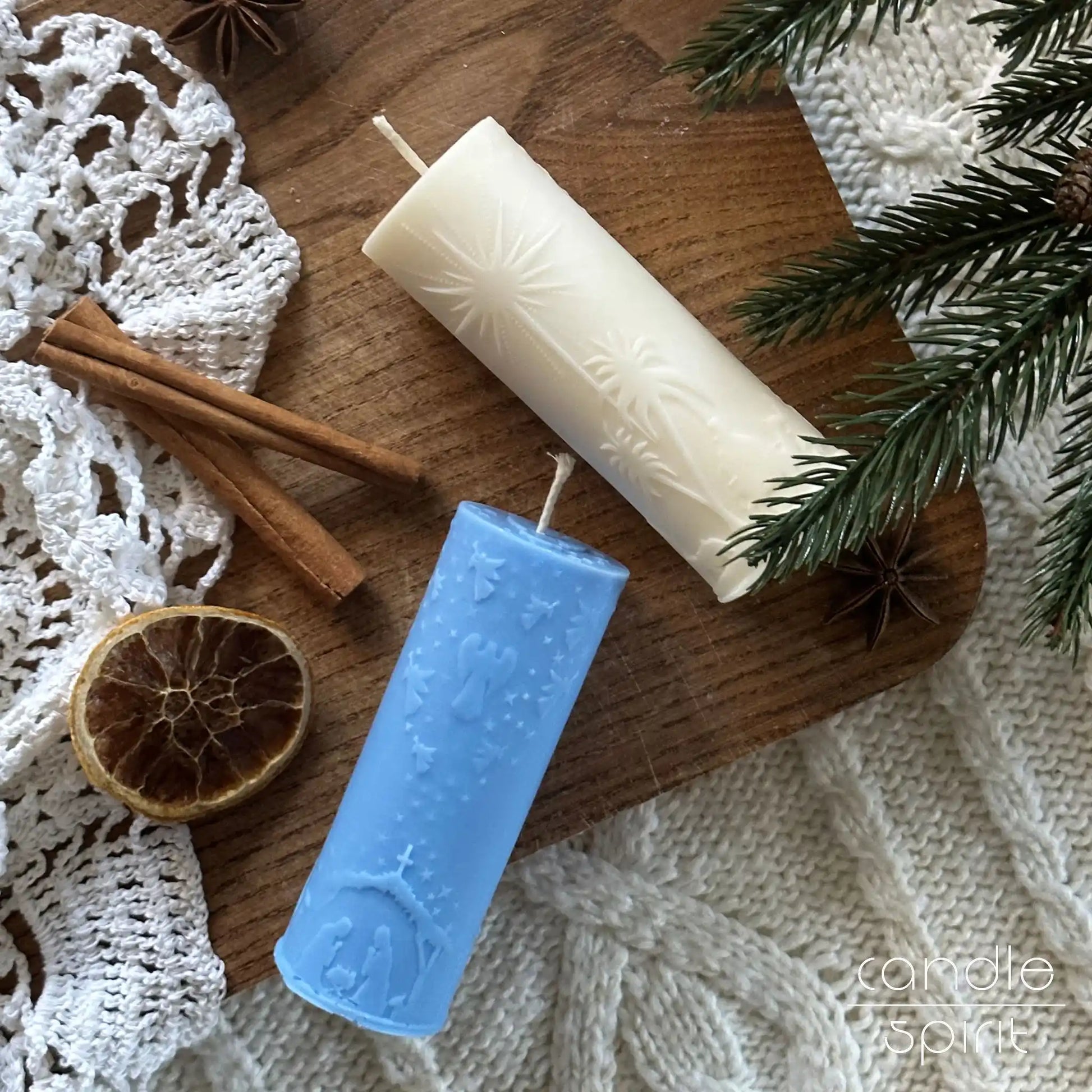 Two nativity pillar candles, one blue, one white - religious Christmas candle, church decor, baptism present and Christmas gift for priests, mothers, godmothers, godfathers.