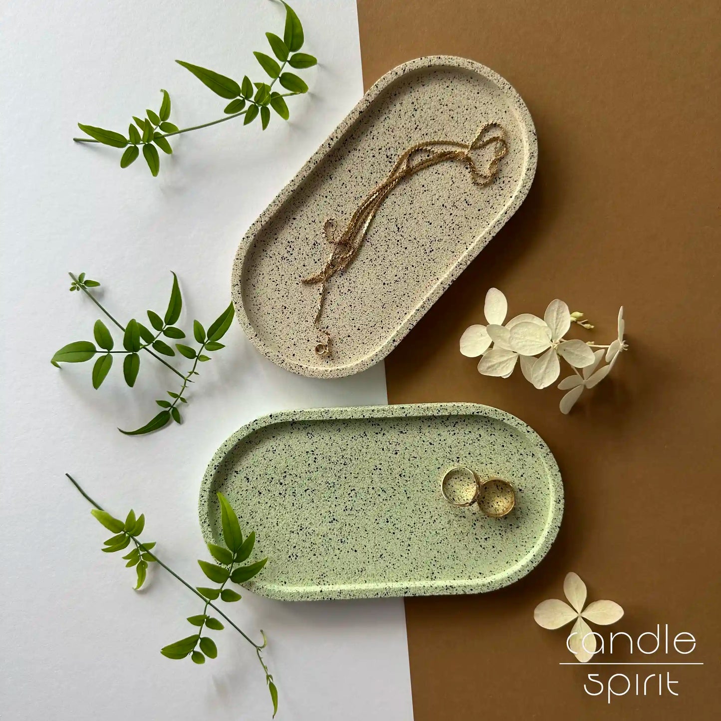 Two Jesmonite oval trinket trays - glasses holder, vanity table organiser & bedside catchall tray. Perfect birthdays, Christmas, Valentine’s Day, anniversaries, housewarming, and Mother's Day gift. 