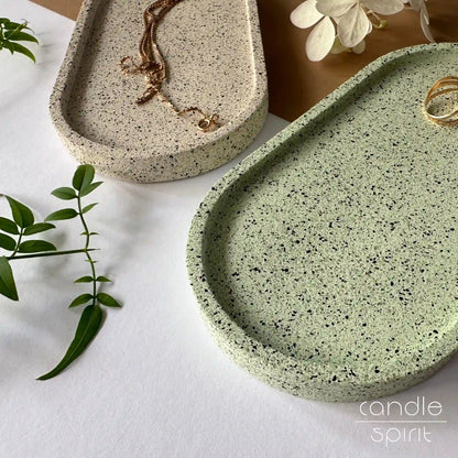 Two Jesmonite oval trinket trays - durable jewelry dish, perfume tray, key dish, office desk organizer & candle plate.
