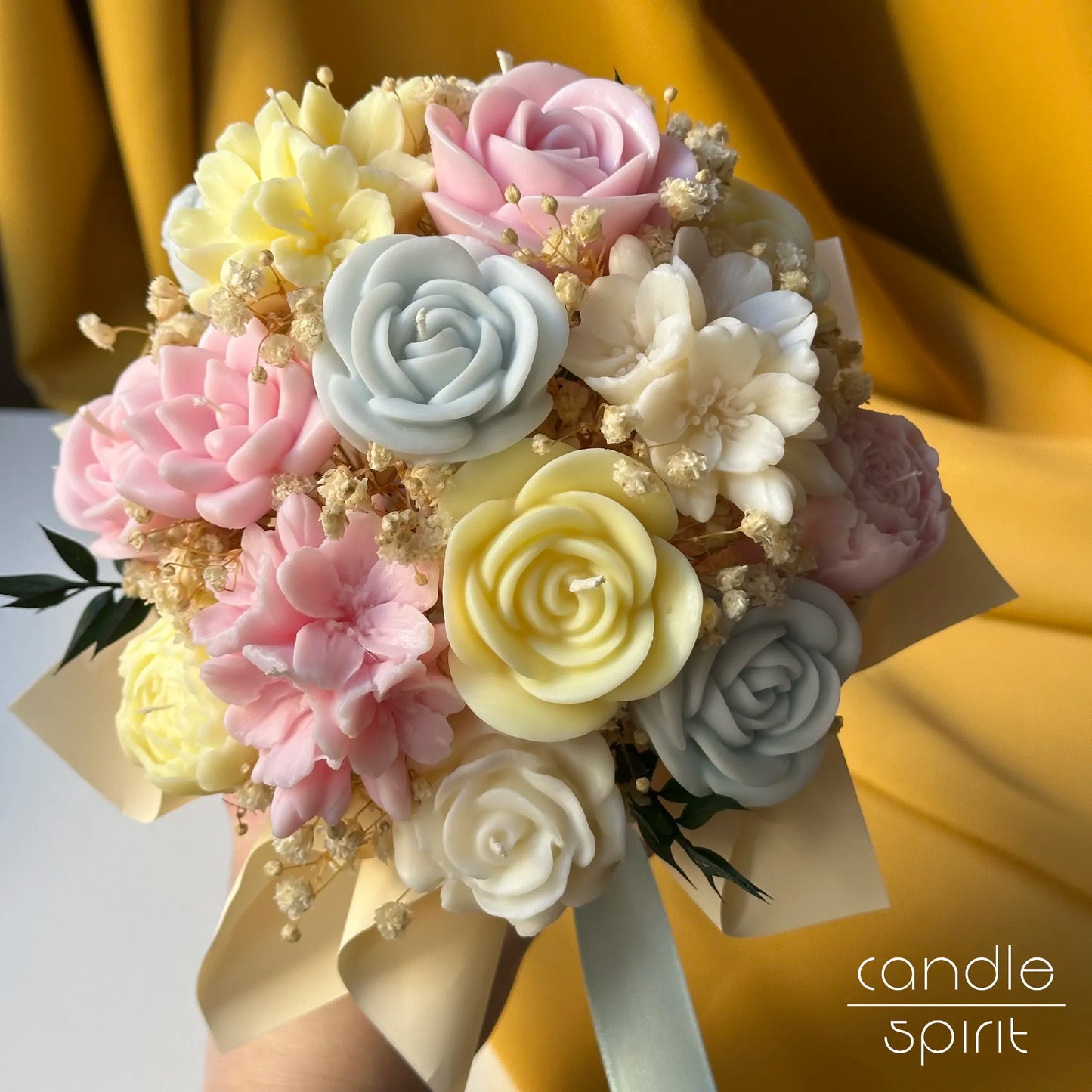 Pastel pink, blue, and white flower bouquet of candles - sweet 16 birthday gift, name day present, lasting Valentine's Day gift.