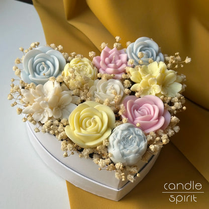 Heart flower box with pastel pink, blue, yellow, and white flower candles - unique Mother's Day gift for a mom
