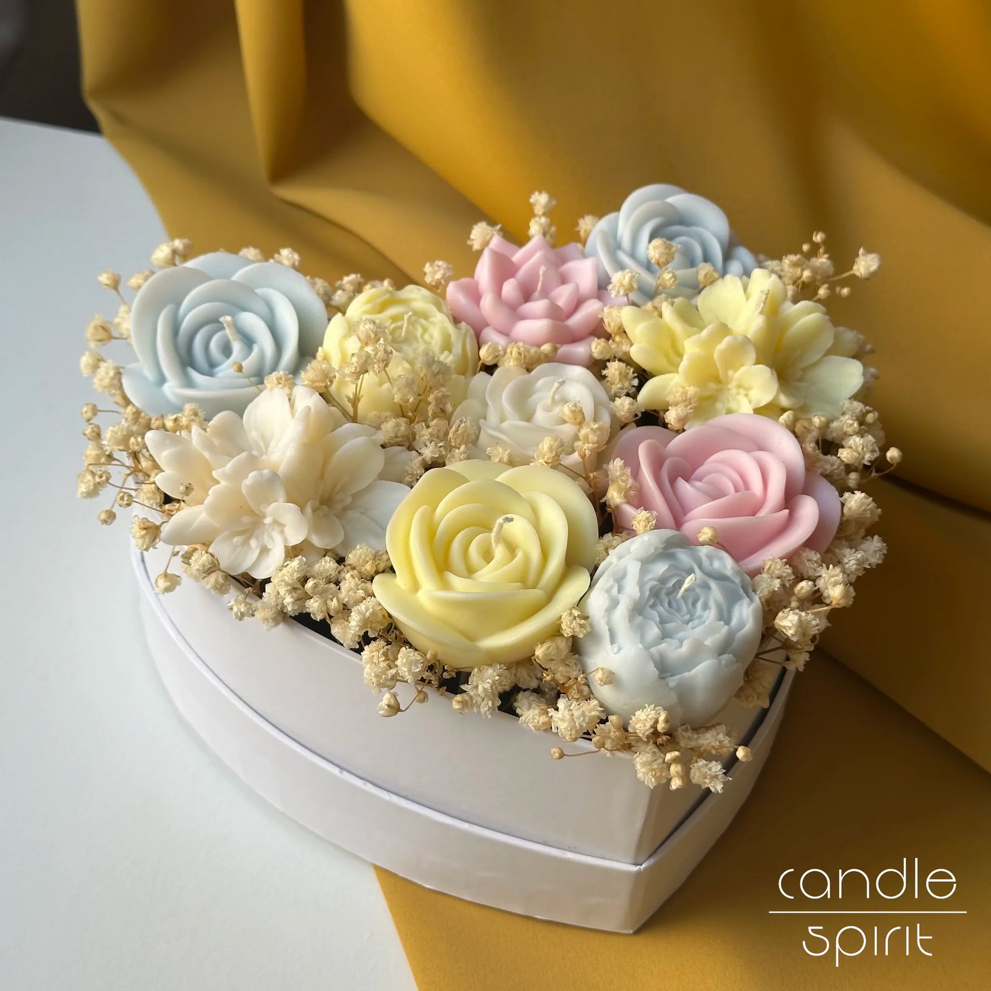 Heart candle bouquet with pastel pink, blue, yellow, and white flowers - spring birthday gift for a mom, best friend, wife