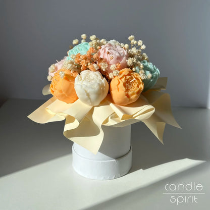 Pastel flower bouquet of peony candles in a white box - seasonal Easter decor, spring birthday gift.