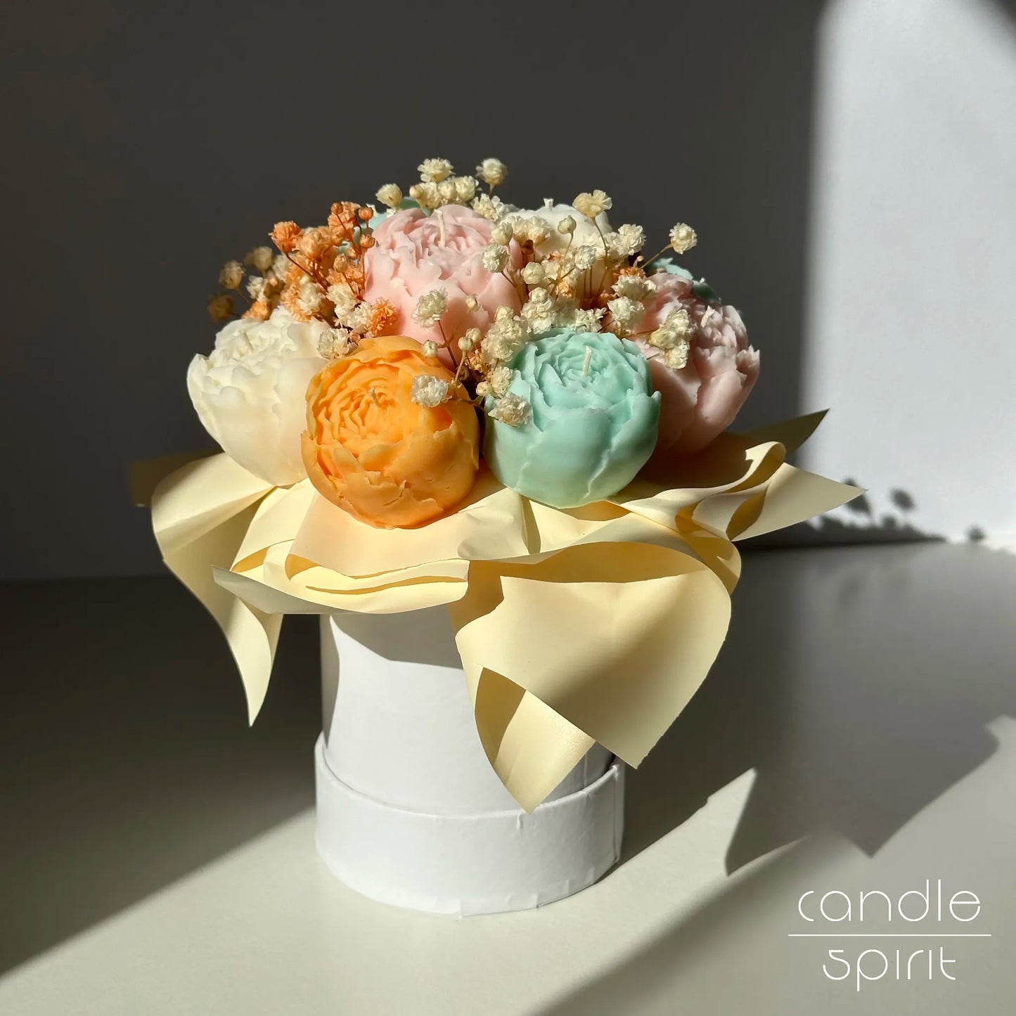 Bouquet of pastel peony flower candles in a white box - wedding decor and  wax anniversary gift for a wife, mom, grandmother, daughter, bride.