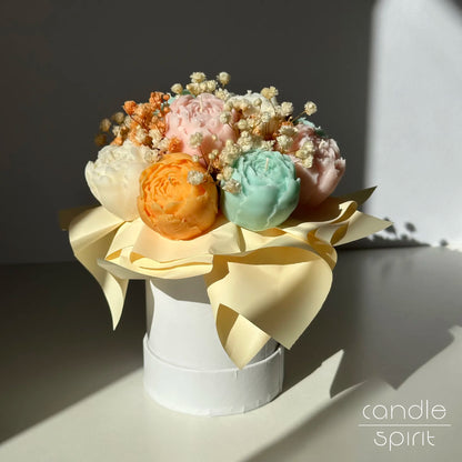 Bouquet of pastel peony flower candles in a white box - wedding decor and  wax anniversary gift for a wife, mom, grandmother, daughter, bride.