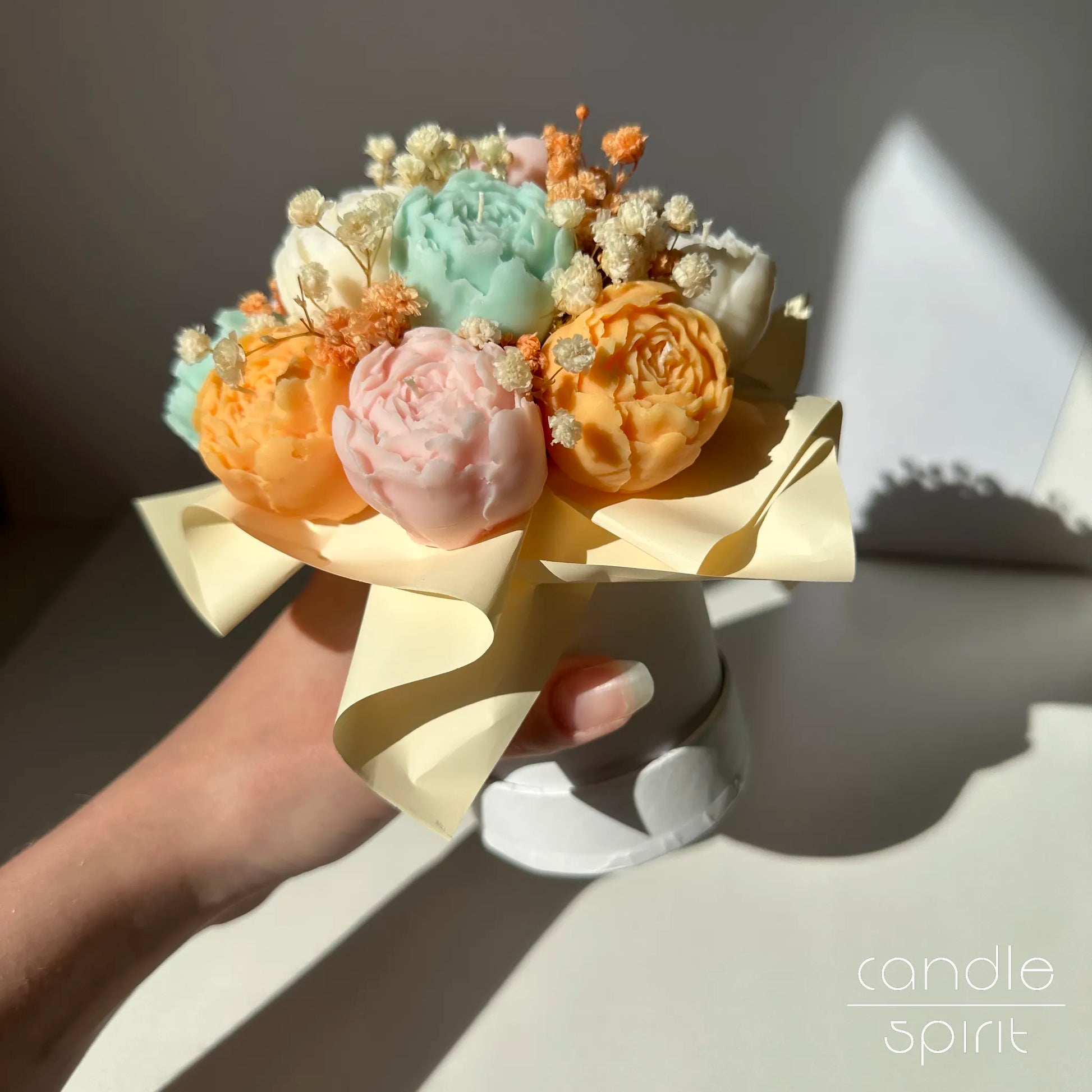 Pastel flower bouquet of peony candles - Easter gift for holiday hosts and hostesses, mum, grandma, sister, teacher, wife.