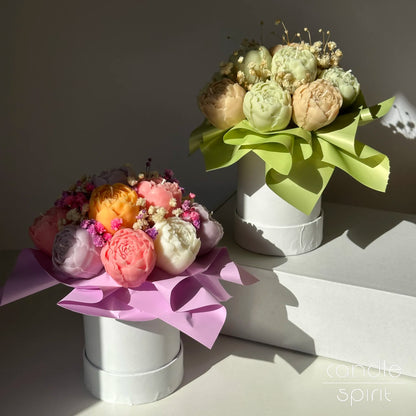 Bright floral arrangements of peony flower candles in white boxes - lasting spring home decor. Romantic Valentine's Day and Mother's Day gift.