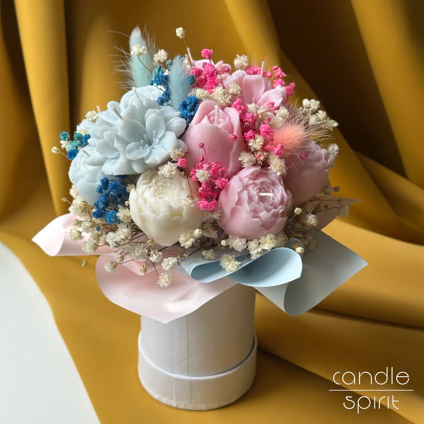 Bouquet of light pink, blue, and white flower candles in a white flower box - touching Mother's Day gift