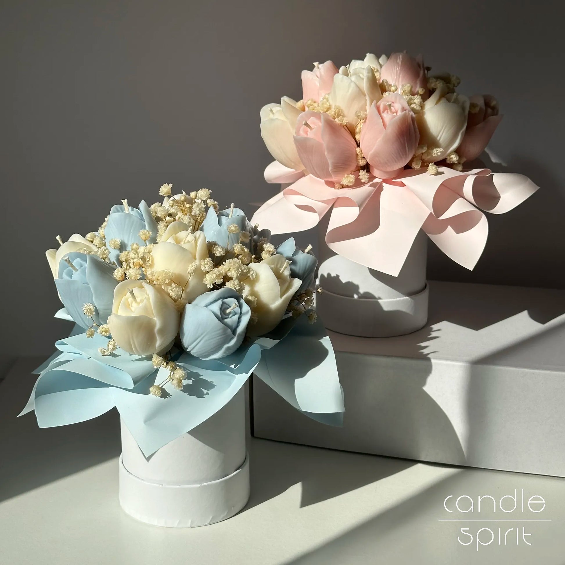 Two blue and pink flower bouquets of tulip candles in a white boxes - pastel Easter decor, unique baby shower gift 