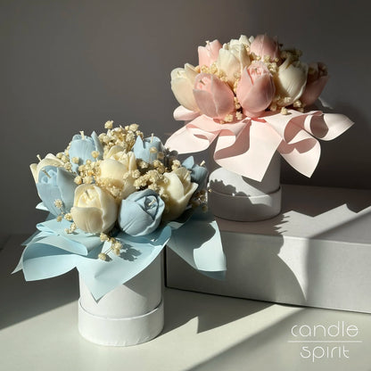 Two blue and pink flower bouquets of tulip candles in a white boxes - pastel Easter decor, unique baby shower gift 