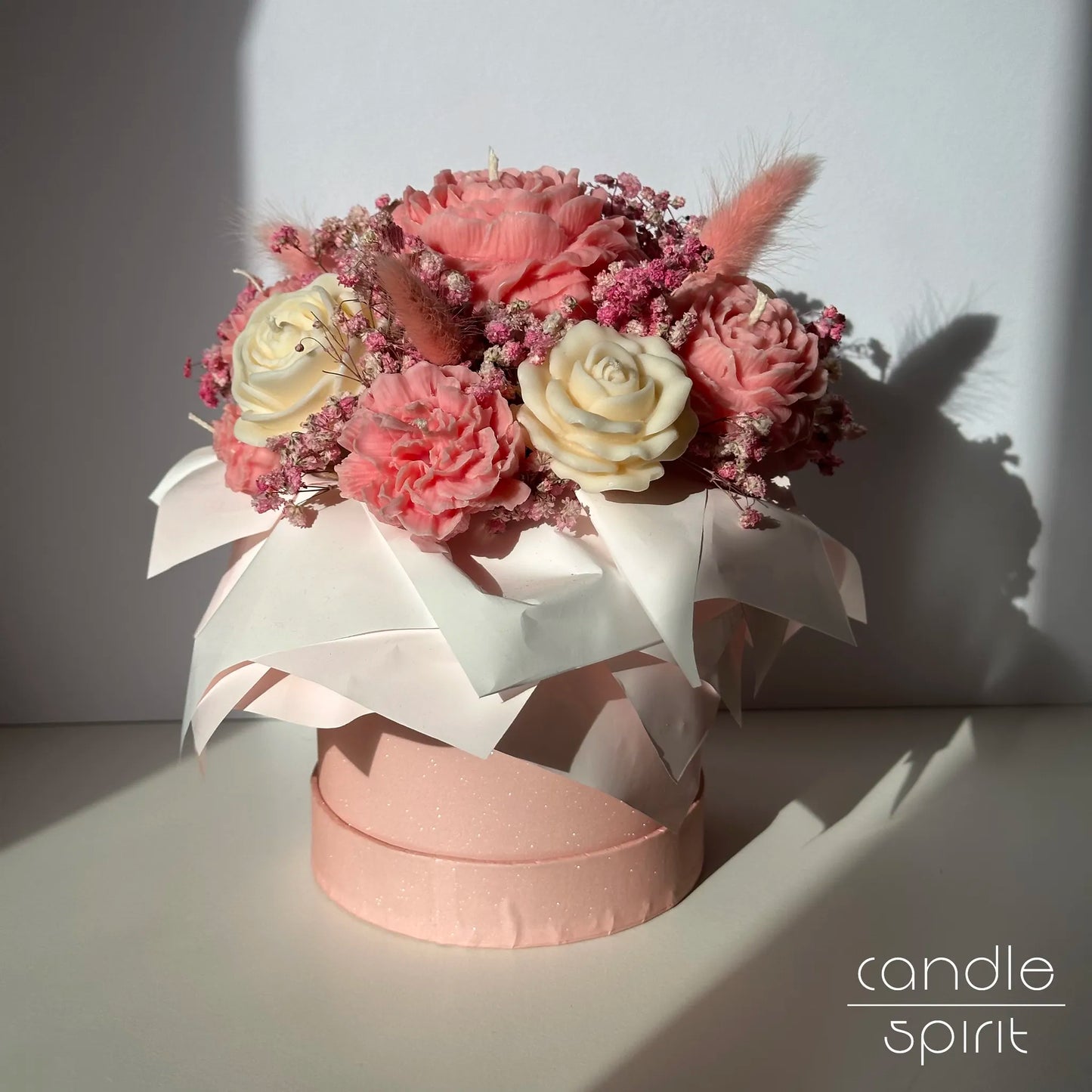 Large pink bouquet of flower candles in a pink box - wedding anniversary gift for a wife, mother, daughter, best friend.