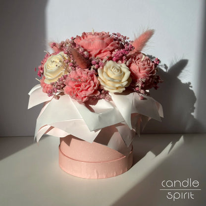 Large pink bouquet of flower candles in a pink box - wedding anniversary gift for a wife, mother, daughter, best friend.
