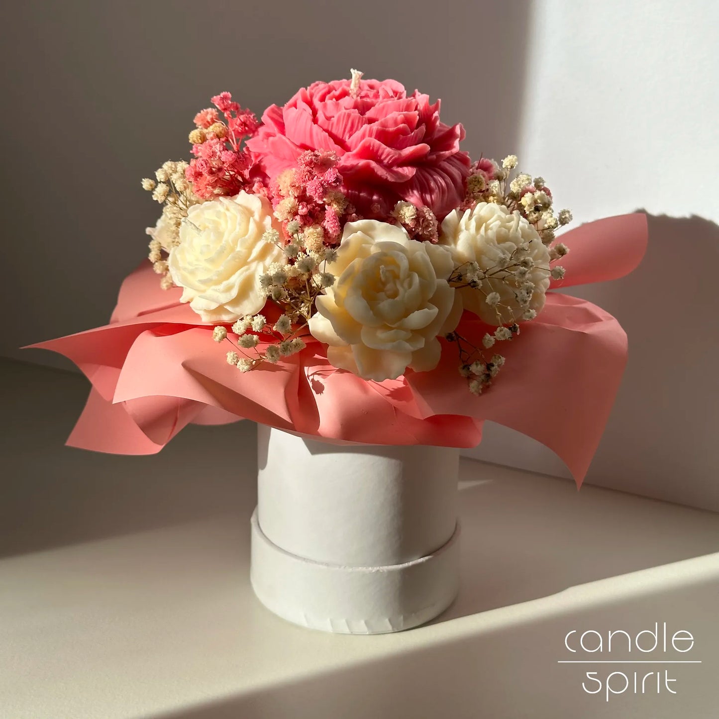 Pink and white flower bouquet of peony candles in a white box - perfect gift for baby showers, pregnancy announcements, welcoming a baby girl.