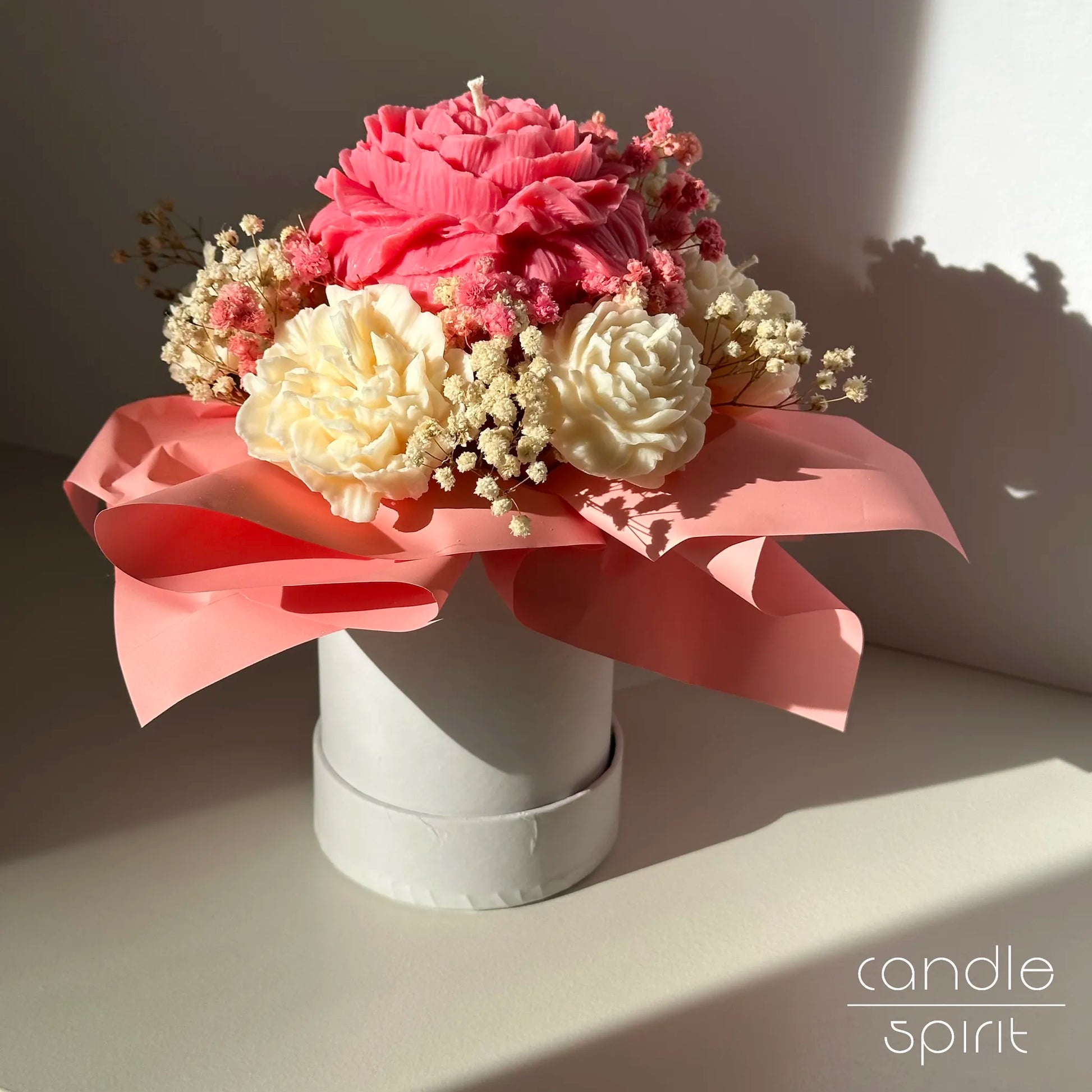 Pink and white flower bouquet of peony candles in a white box - tender Mother's Day gift, wax anniversary gift for a wife