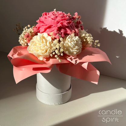 Pink and white flower bouquet of peony candles in a white box - tender Mother's Day gift, wax anniversary gift for a wife