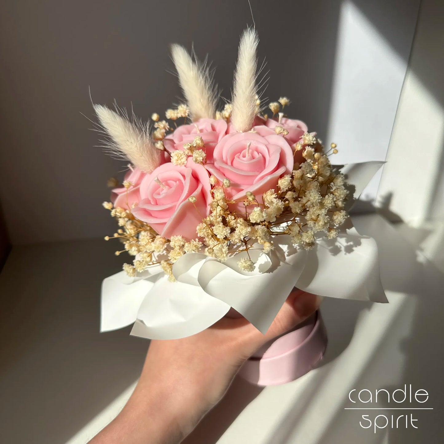 Mono bouquet of pink rose candles with baby's breath in a pink flower box - Mother's Day gift, name day present, premium corporate gift.