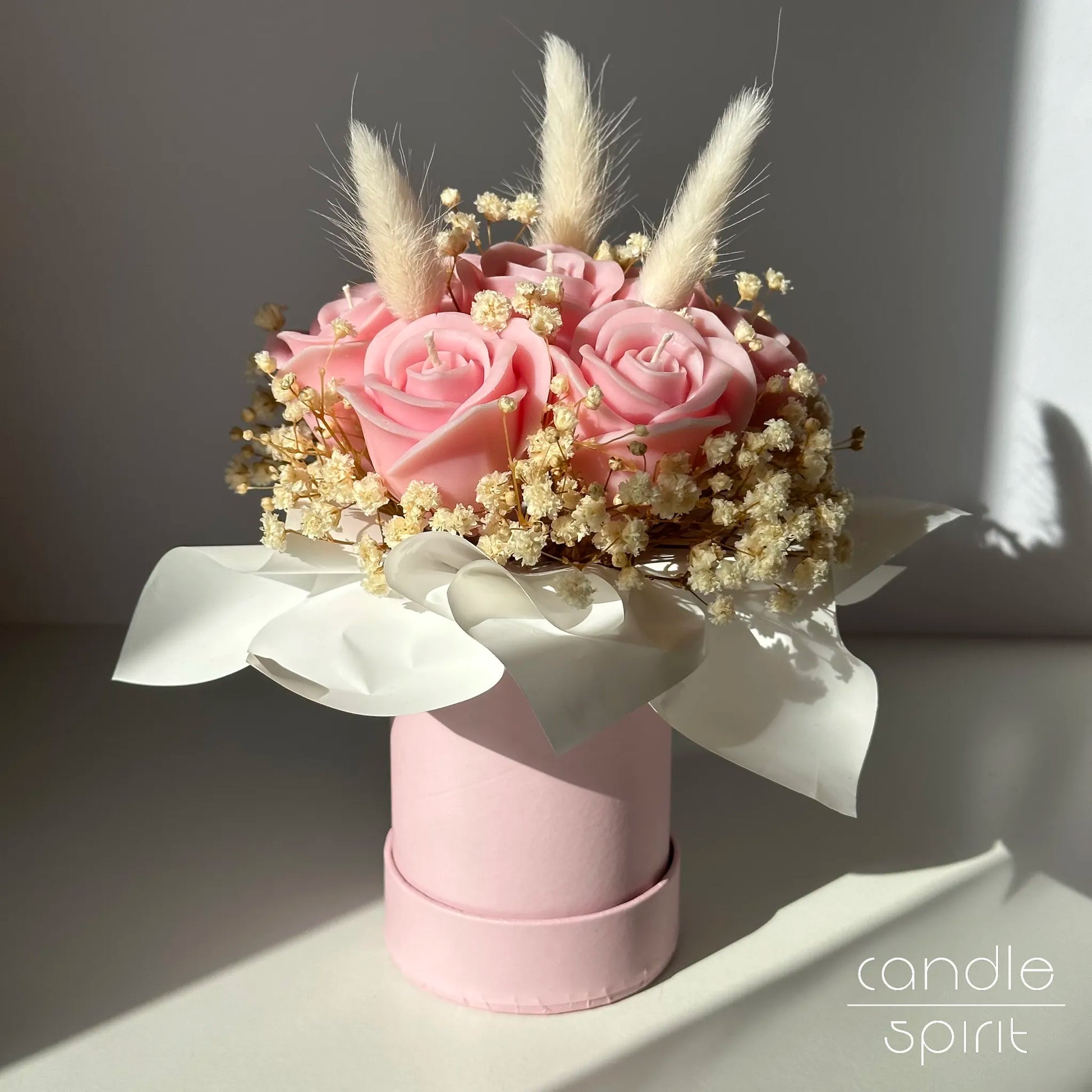 Mono bouquet of pink rose candles in a pink flower box - romantic Valentine's Day gift, luxury wax anniversary present.