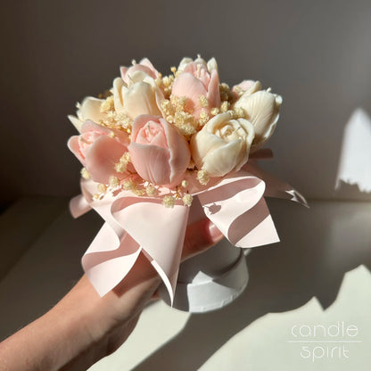 Bouquet of pink and white scented tulip candles in a white flower box - spring birthday gift for a wife, wax anniversary gift.