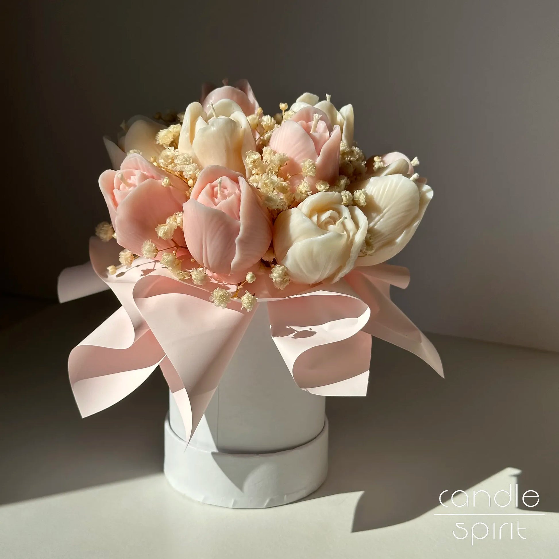 Bouquet of pink and white tulip candles in a white flower box - girly baby shower decor, spring wedding gift, Mother's Day present.