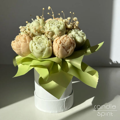 Bouquet of pastel pistachio and beige peony flowers in a white flower box - lasting Mother's Day gift for a mum, grandmother, sister, friend.