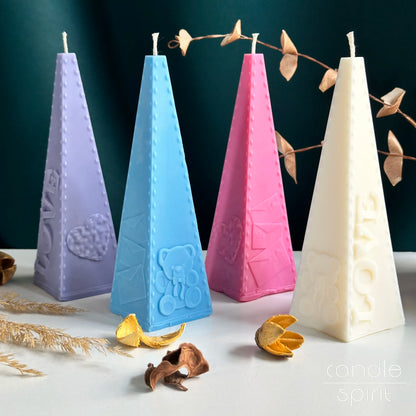 Four pyramid candles in pastel colors - romantic Valentine's Day gifts, wax anniversary presents for wife, girlfriend, partner.
