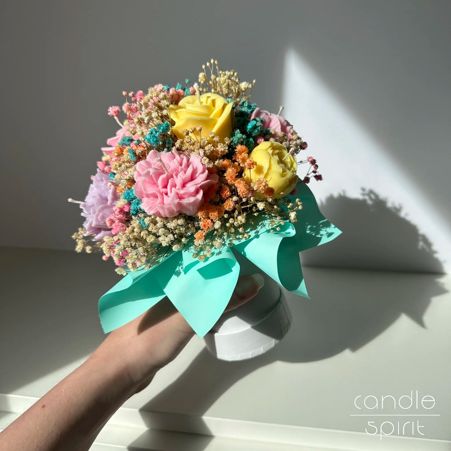 Colourful rainbow flower bouquet of candles - romantic Valentine's Day and wax anniversary gift for a wife, partner, girlfriend.