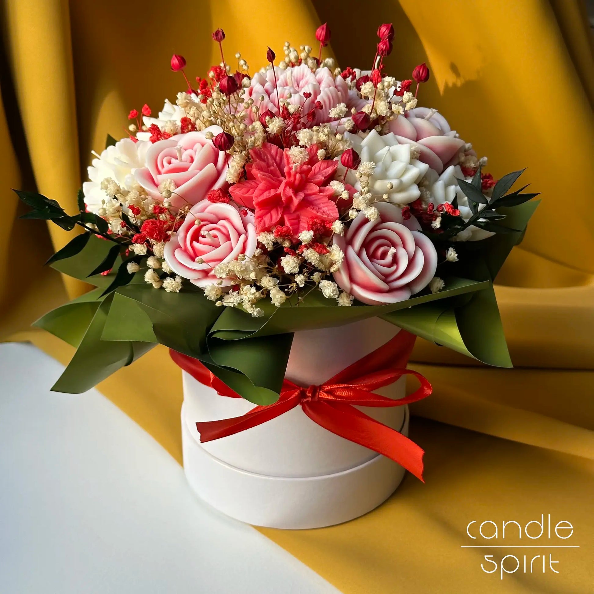 Large bouquet of pink, red,  and white flower candles with a red ribbon in a white flower box - romantic Valentine's Day gift