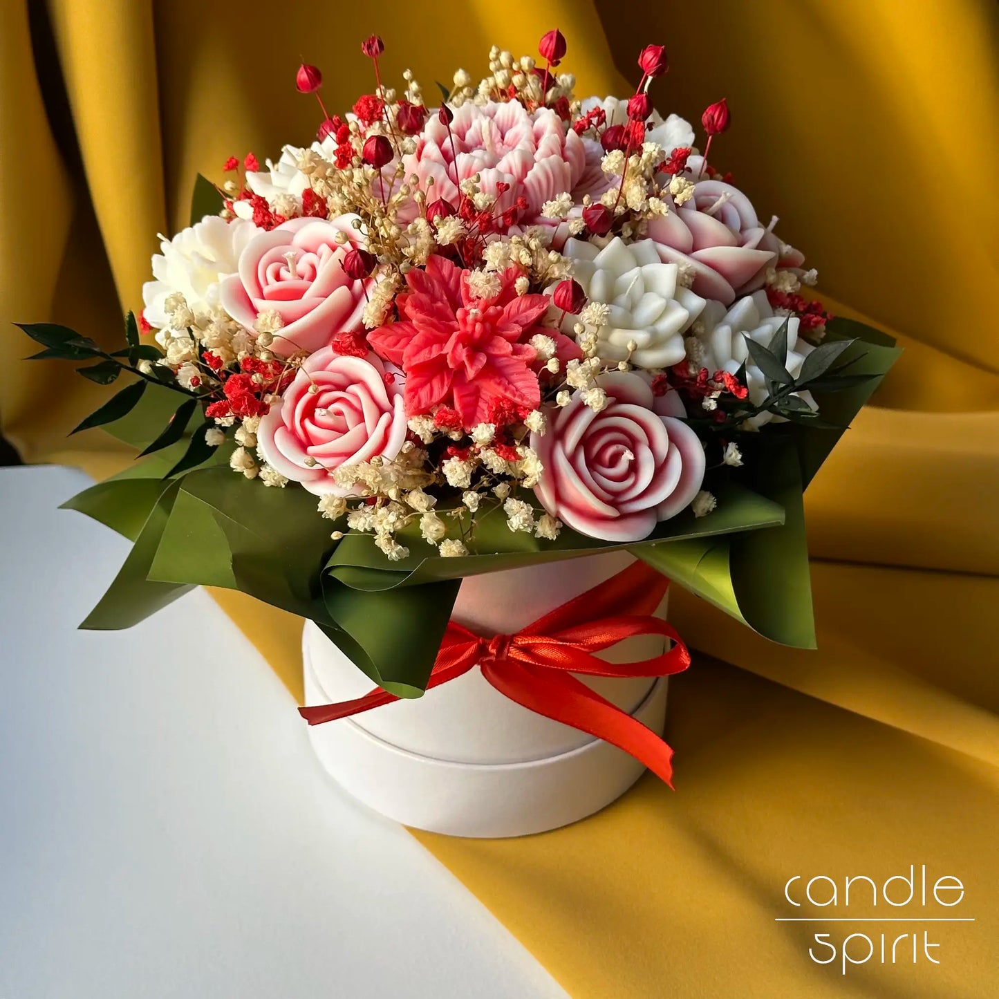 Large bouquet of colorful flower candles in a white flower box with a red ribbon - unique wax anniversary gift for a wife. Corporate gift