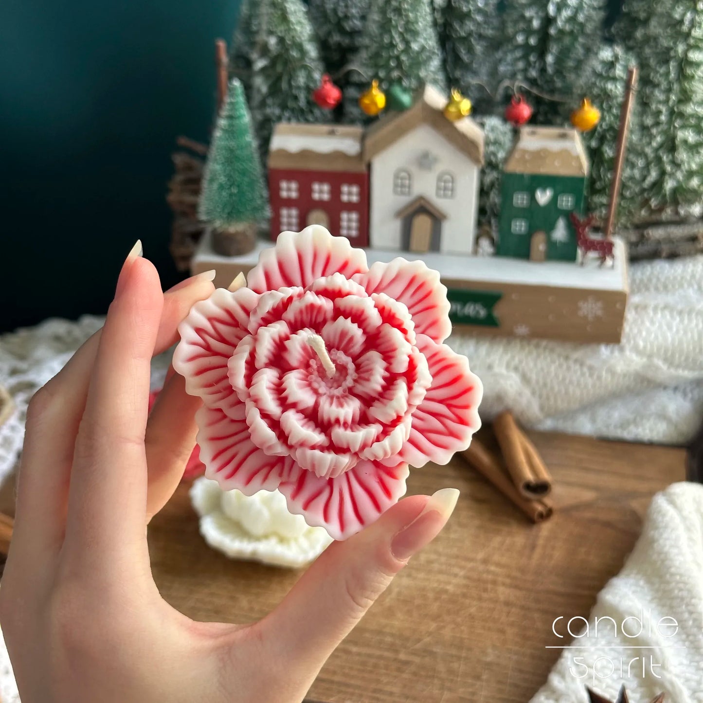 Red and white Christmas flower candle - seasonal decor, Secret Santa present, winter wedding favour.