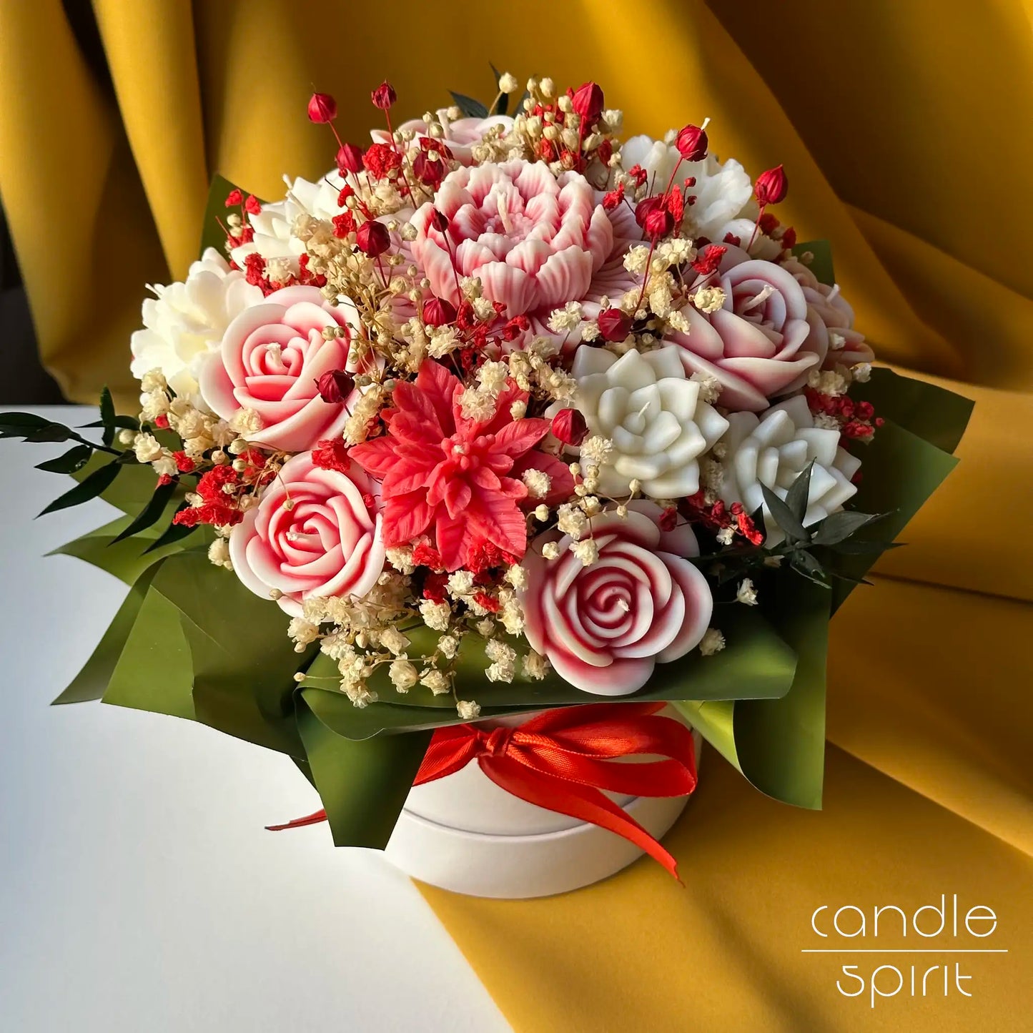 Large flower candle bouquet in white and red colours - unique birthday gift for a mom, wife, partner, sister, daughter, girlfriend, grandmother