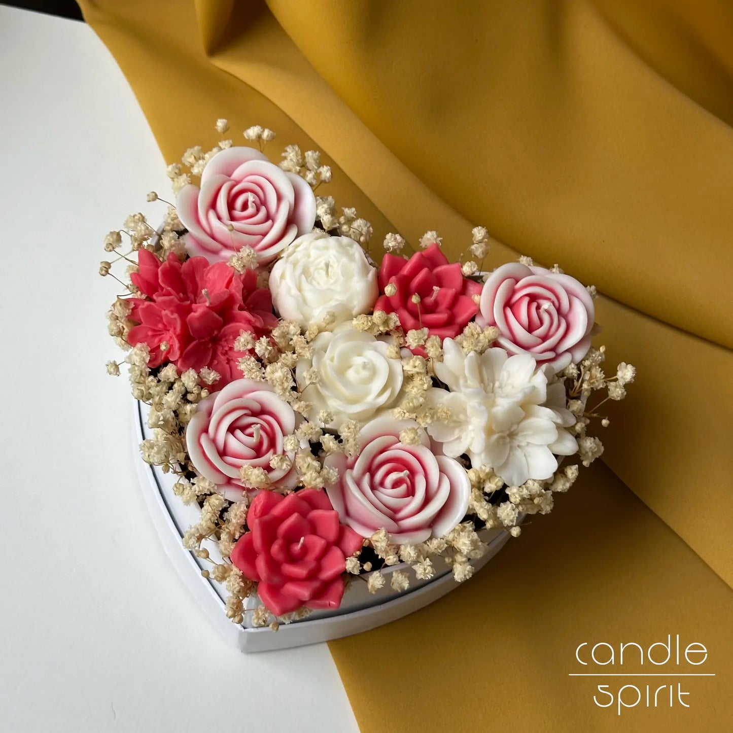 Heart flower box of red, pink, and white rose candles with baby's breath - romantic wax anniversary gift for a wife, partner