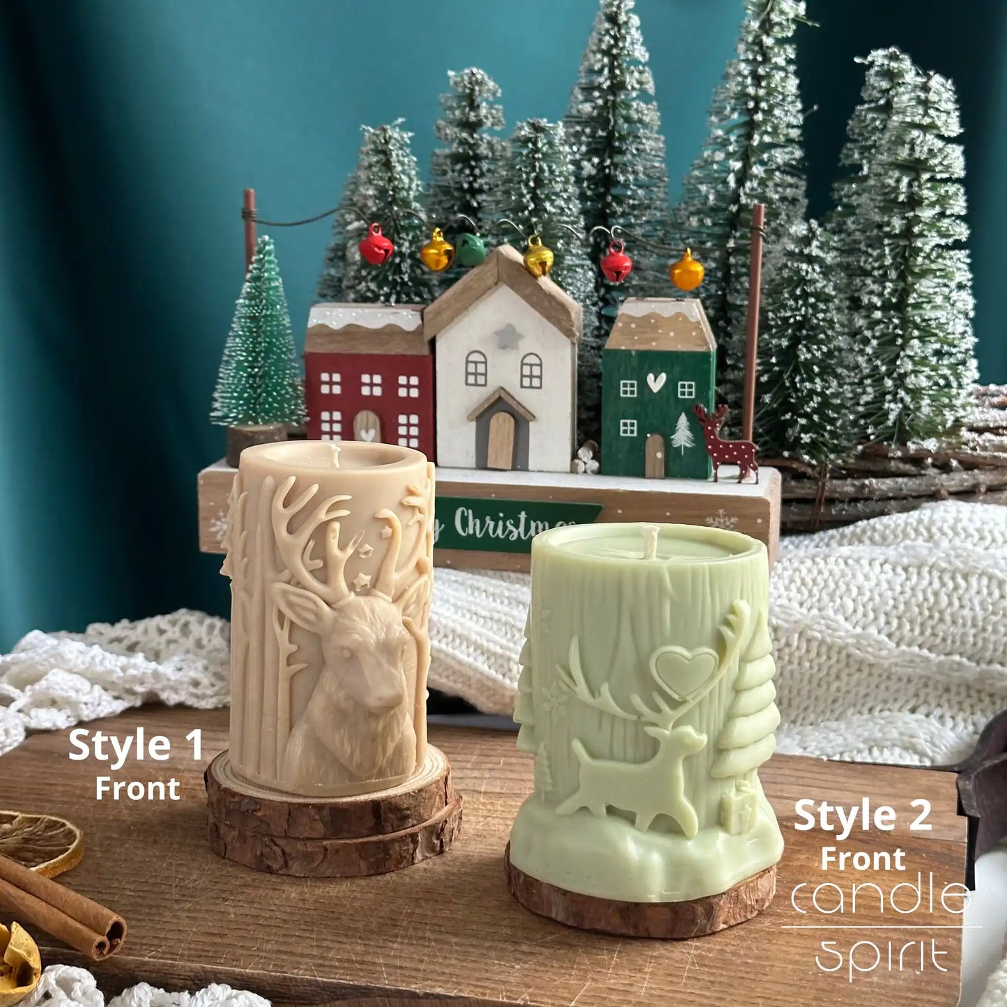 Two scented Christmas pillar candles with reindeer - winter wedding decorations, Christmas presents, Secret Santa gifts